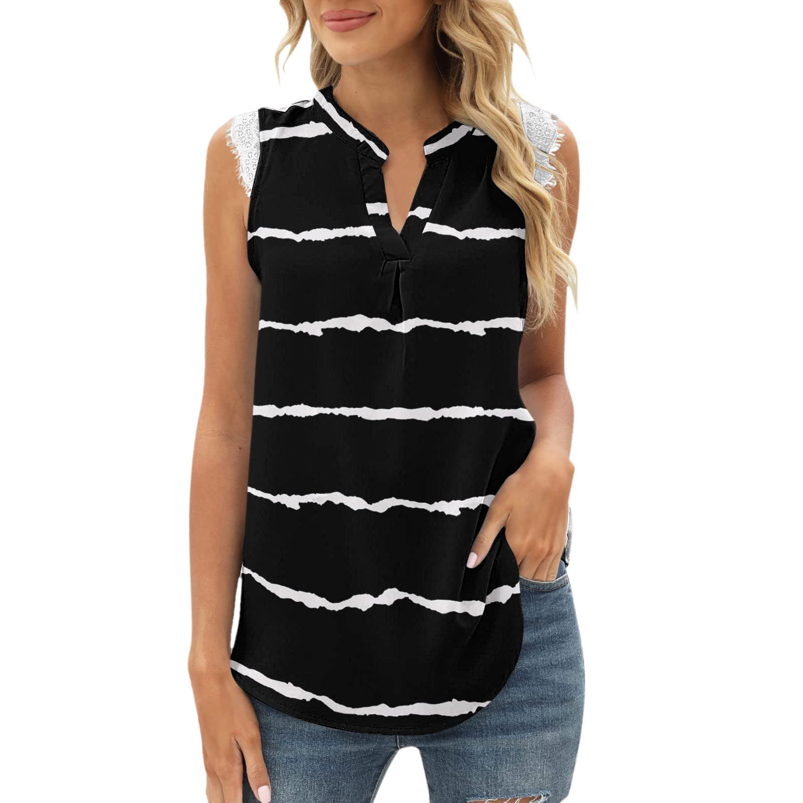 Women's Summer V-Neck Printed Lace Tank Top - Sleeveless Casual Cami Shirt & Tunic Blouse for Beach, Vacation, and Everyday Wear