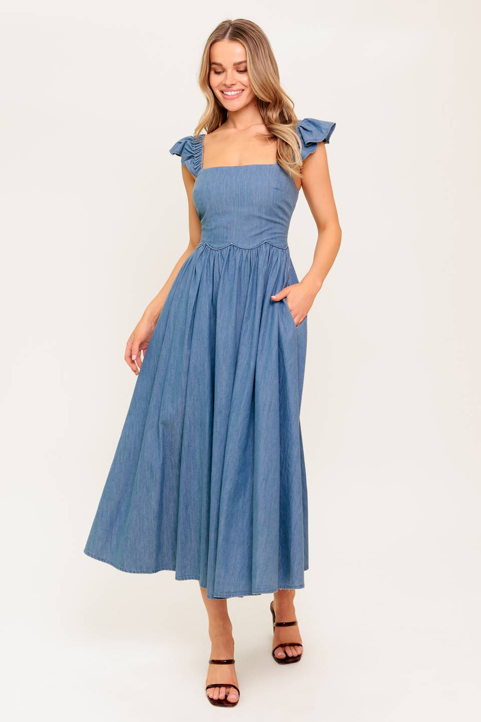 Stylish DRIFTWOOD PETAL CHAMBRAY MIDI DRESS for Women | Floral Print Summer Dress | Perfect for Beach Vacations, Date Nights & Casual Outings