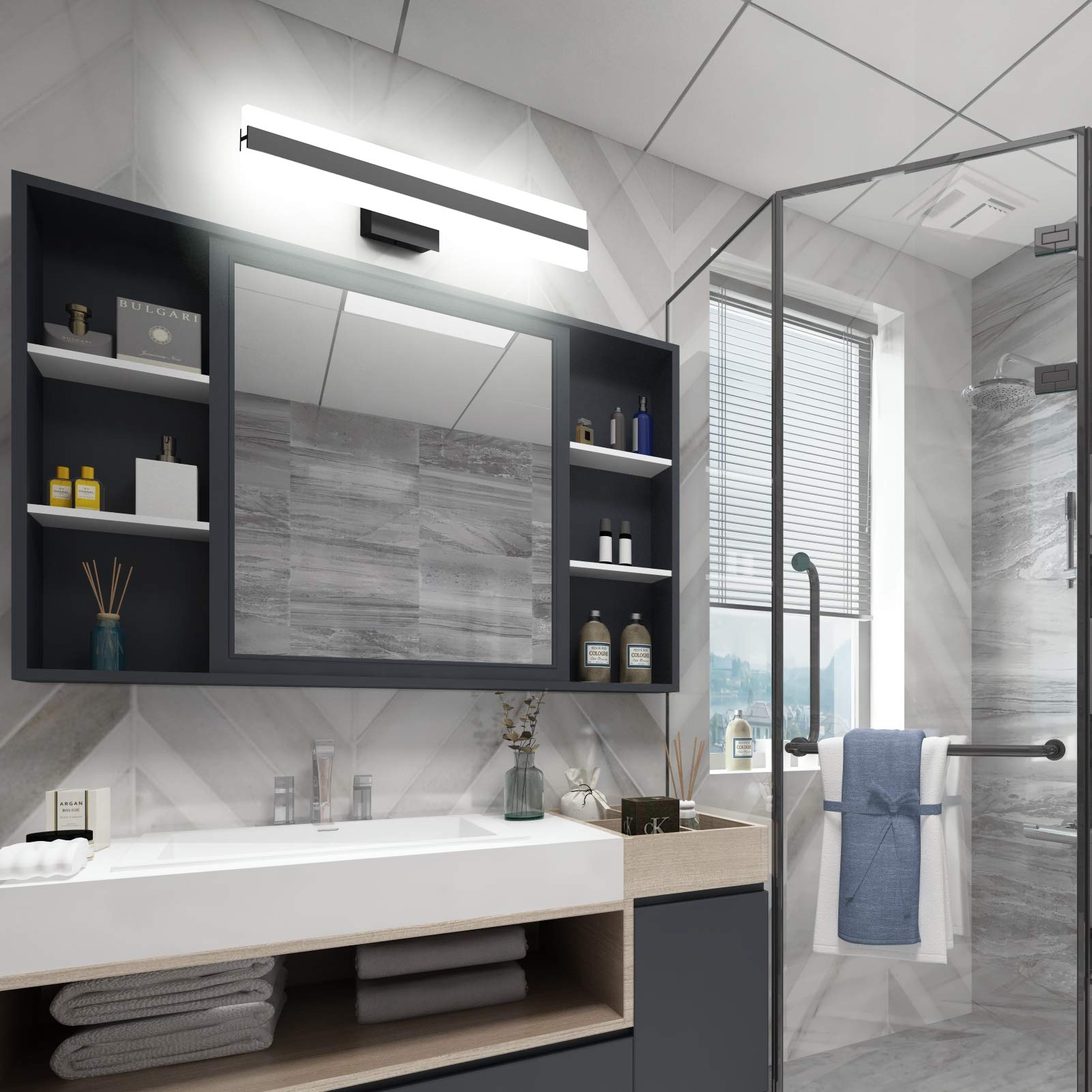 Aipsun 24W Modern Black Vanity Light with Frosted White Acrylic - Up and Down LED Bathroom Light Fixture (6000K White Light) - Perfect for Bathroom, Dressing Room & Vanity Area Lighting