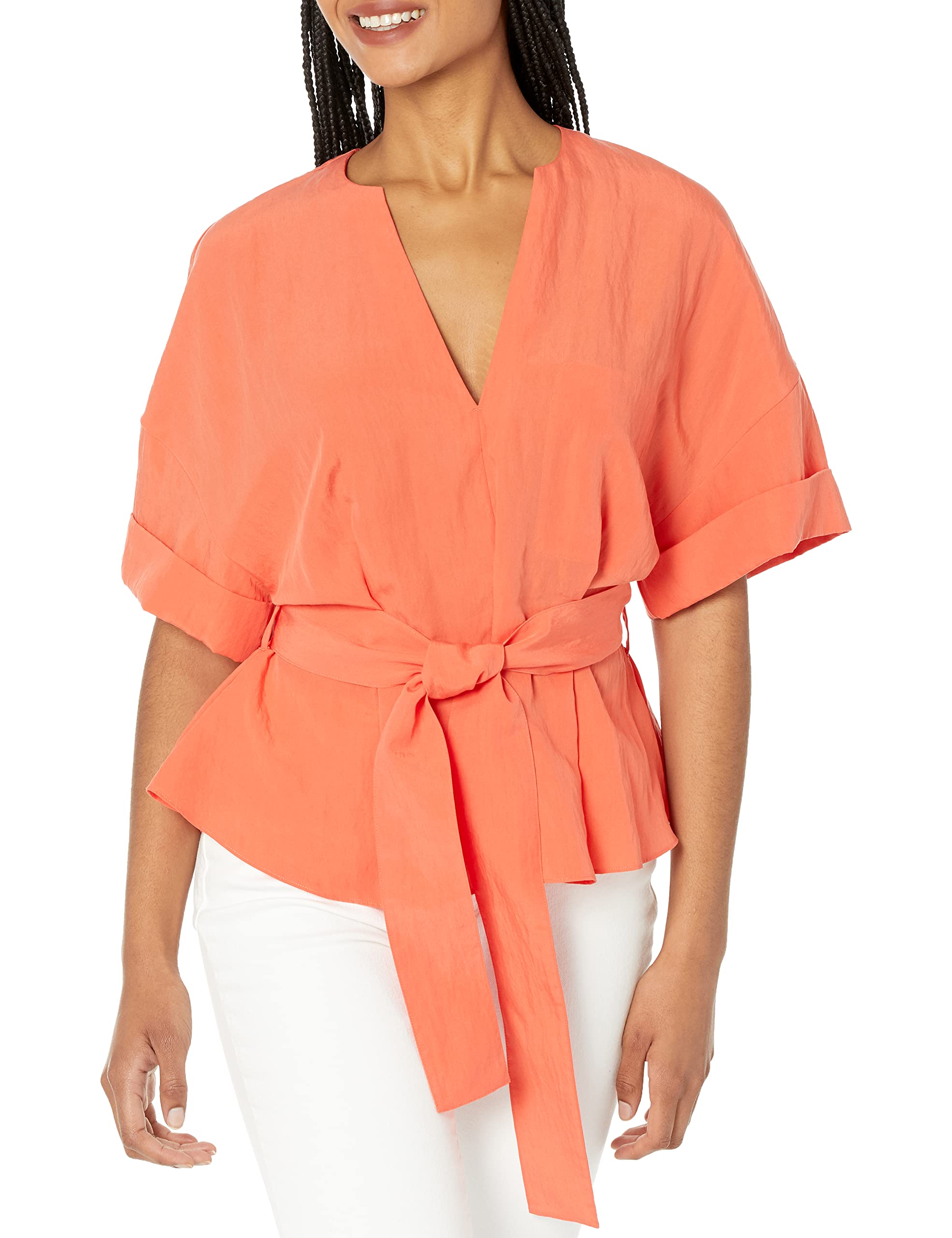 Vince Women's Short Sleeve V-Neck Blouse with Cuffed Sleeves - Elegant Office Wear & Casual Summer Top for Work & Weekend Outings