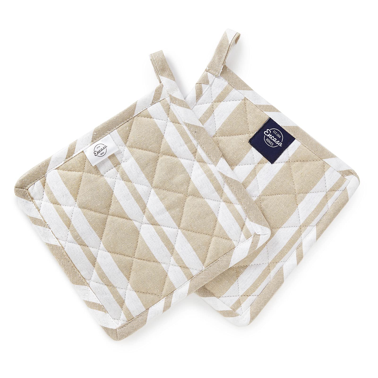 Encasa Homes 8 Inch Microwave Oven Mitts & Pot Holders (2-Piece Set) - Heat Resistant, Thick & Safe Kitchen Gloves for Cooking, Baking, Grilling - Protect Hands from Hot Pans, Dishes & Utensils - Franca Beige Stripes Design - Perfect for Home Kitchens, BBQs & Baking Enthusiasts