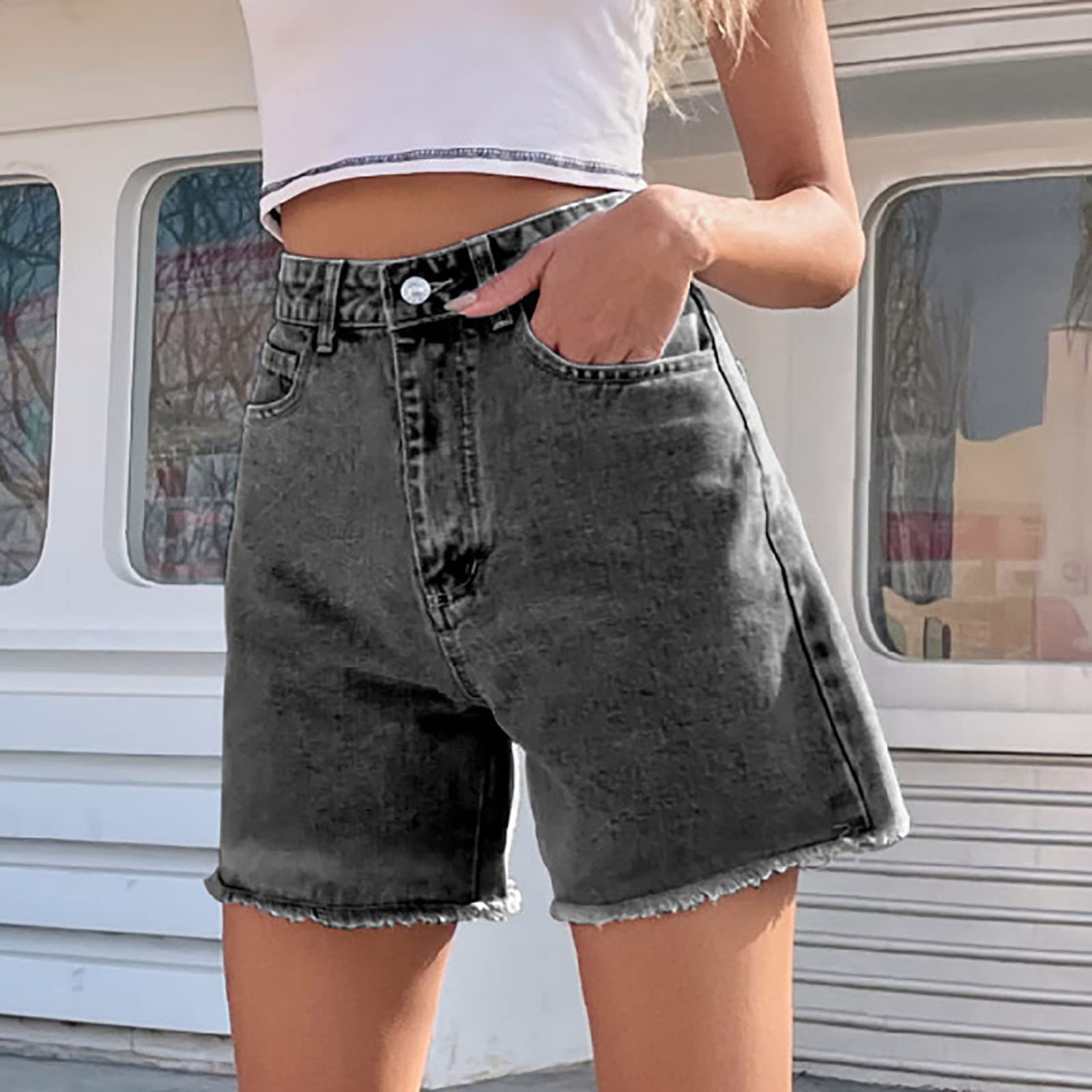 Women's High Waist Ripped Denim Shorts with Pockets - Casual Summer Style
