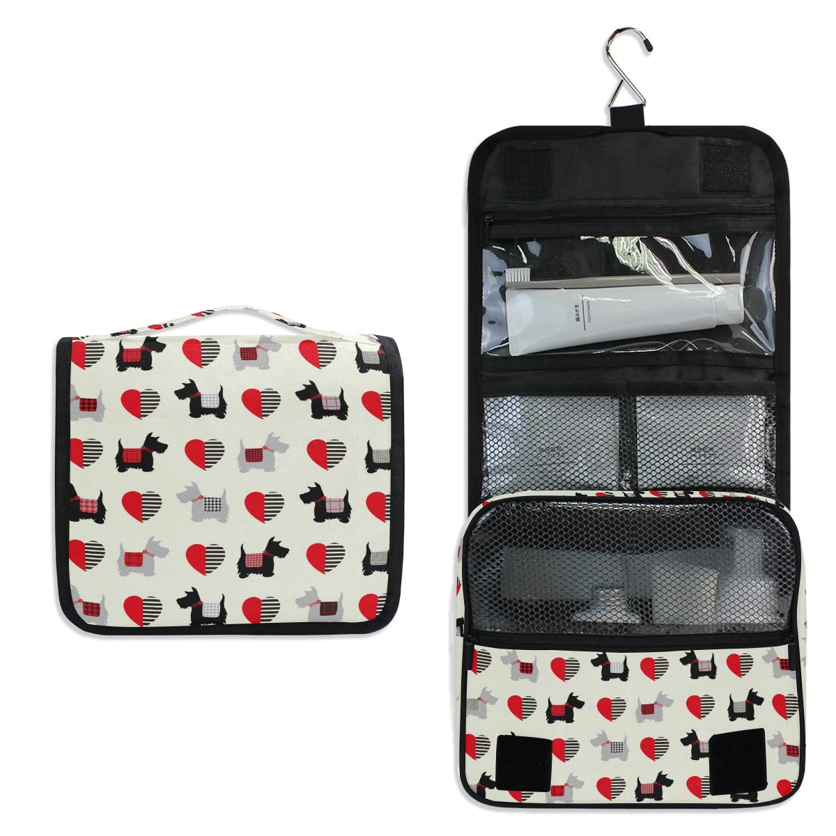AGONA Hanging Toiletry Bag for Travel - Cute Scottie Dog Design with Hearts, Beige Cosmetic Organizer for Women & Men, Portable Makeup Pouch with Sturdy Hook - Perfect for Bathroom, Gym, Camping & Vacation Essentials