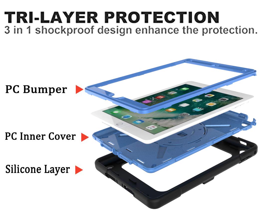 360 Rotating Handle Stand Case for iPad Air 2/Pro 9.7 (2016) & iPad 6th/5th Gen (2017/2018) - Shockproof with Kickstand, Pencil Holder & Shoulder Strap (Black+Blue) | Perfect for Work, Travel & School Use