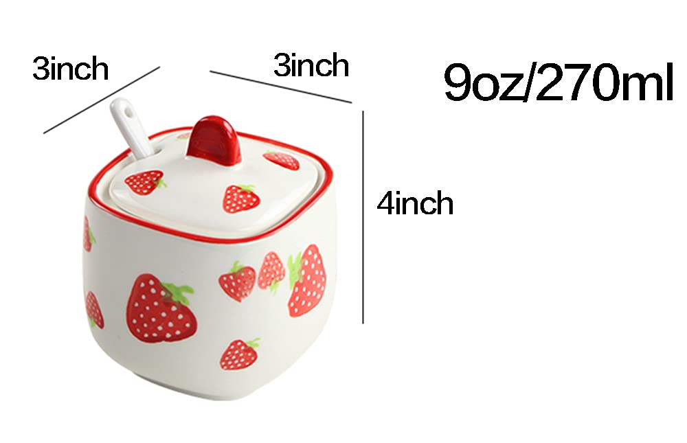 Ceramic Strawberry and Flower Sugar Bowl with Lid and Spoon - Elegant Spice Jar for Tea, Coffee, and Dessert Table Decor
