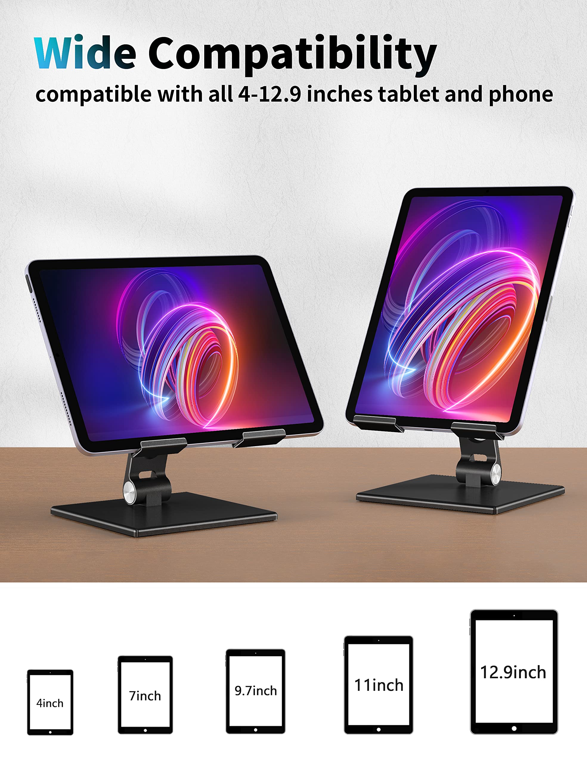 ALASHI Heavy Duty Tablet Stand for Desk - Adjustable & Foldable Metal Holder for 4-13.3 Inch Tablets - Stable Base for iPad, Samsung, Kindle - Perfect for Office, Home & Travel Use