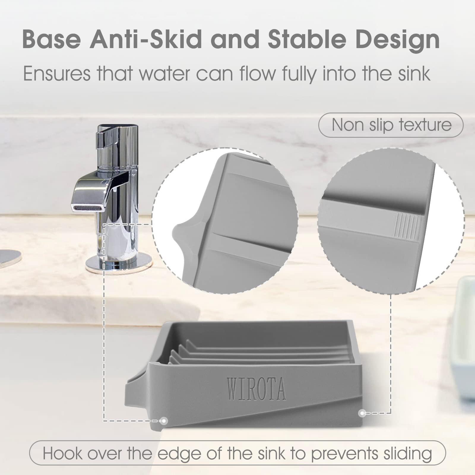 2 Pack Self Draining Soap Dish with Anti-Slip Design, Silicone Bar Soap Holder for Shower & Bathroom - Waterfall Drain, Sponge Tray for Kitchen Sink - Perfect for Bath, Shower, Kitchen & Travel Accessories (Gray)