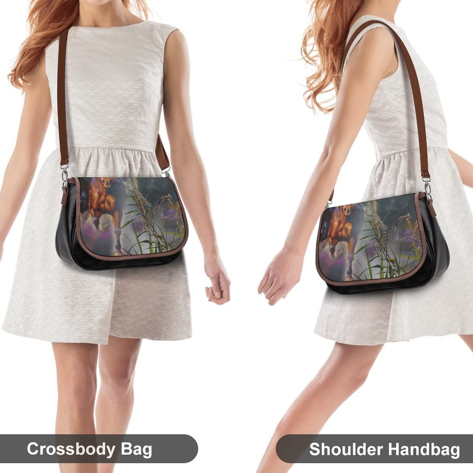 Women's Leather Crossbody Bags - Classic City Shoulder Bag with Running Horse Design, Fashion Satchel Hobo Purse for Daily Use, Work, Travel & Shopping