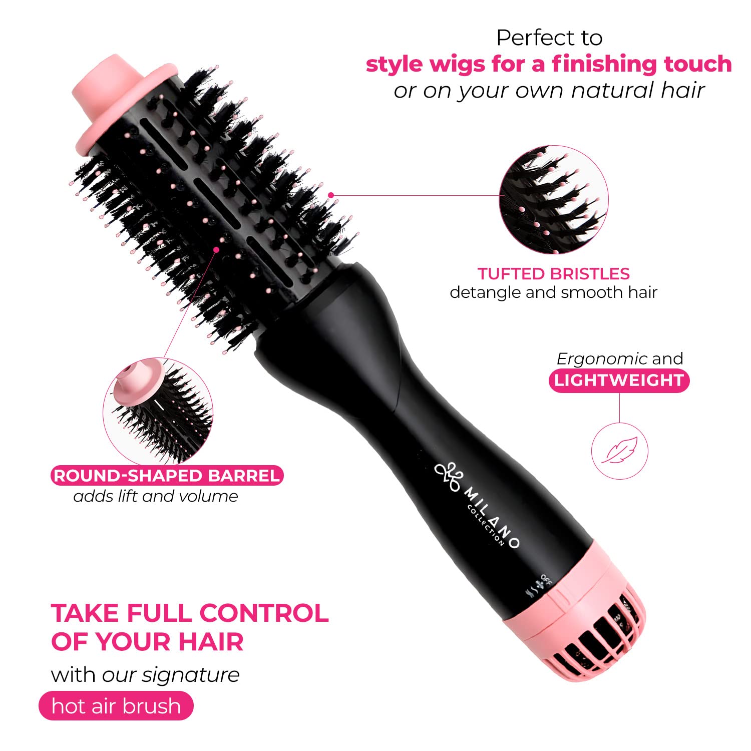 Milano Collection Hot Air Hair Brush Dryer - Lightweight Round Blow Dry Brush for Quick Styling & Volume | Perfect for Human Hair Wigs & Natural Hair | Salon-Quality at Home, Travel & Daily Use (Black)