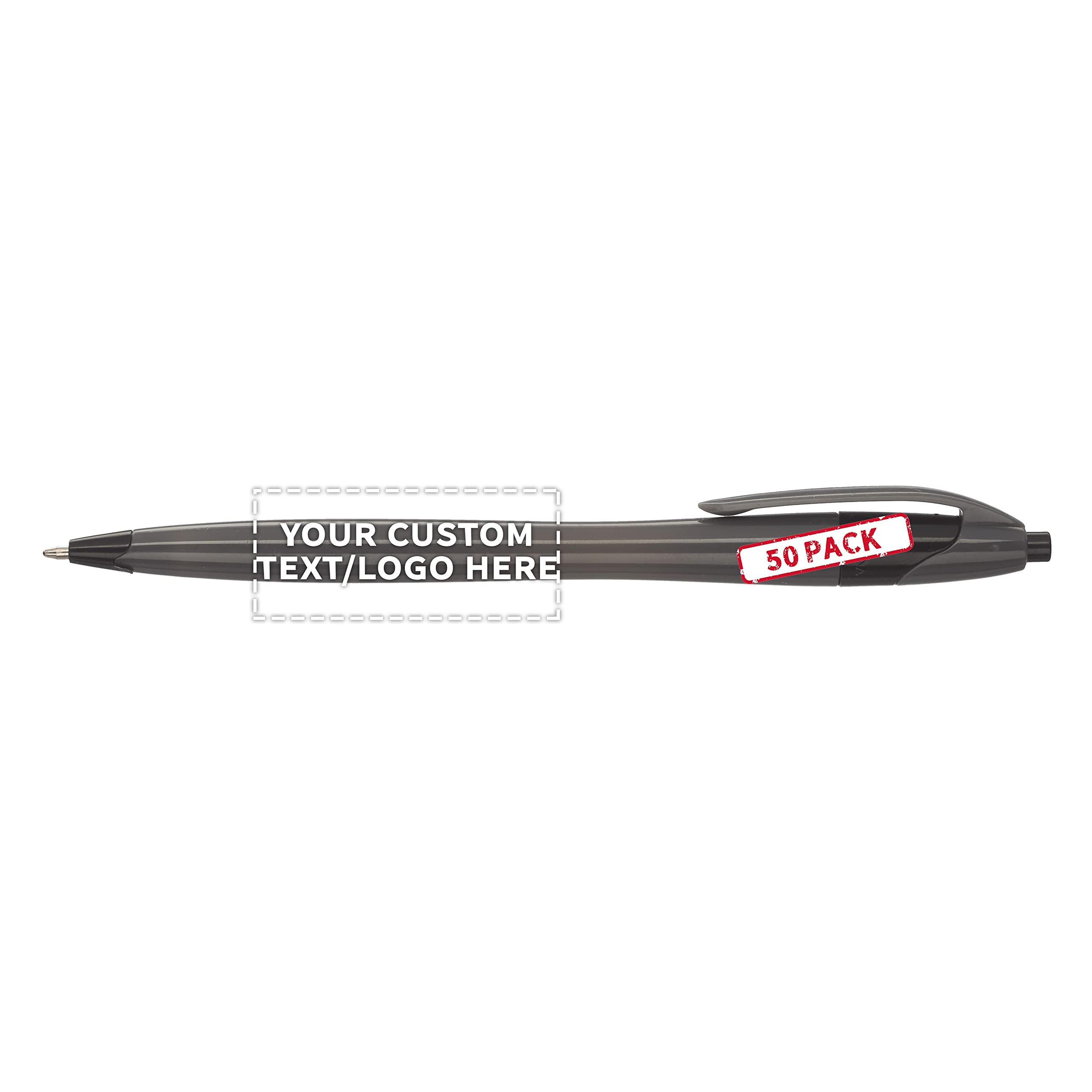 50 Pack Customizable Click Action Pens with Black Ink - Personalized Text & Logo - Vibrant Plastic Pens for Office, School & Promotional Giveaways - Bulk Discount Available