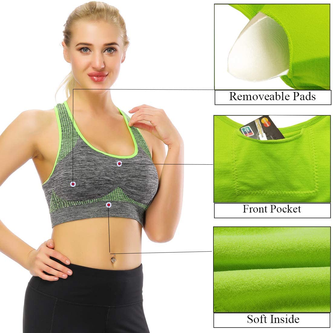 TOBWIZU Women's Medium Support Sports Bras with Pocket - Yoga, Gym & Workout Activewear for Running, Training & Fitness Activities