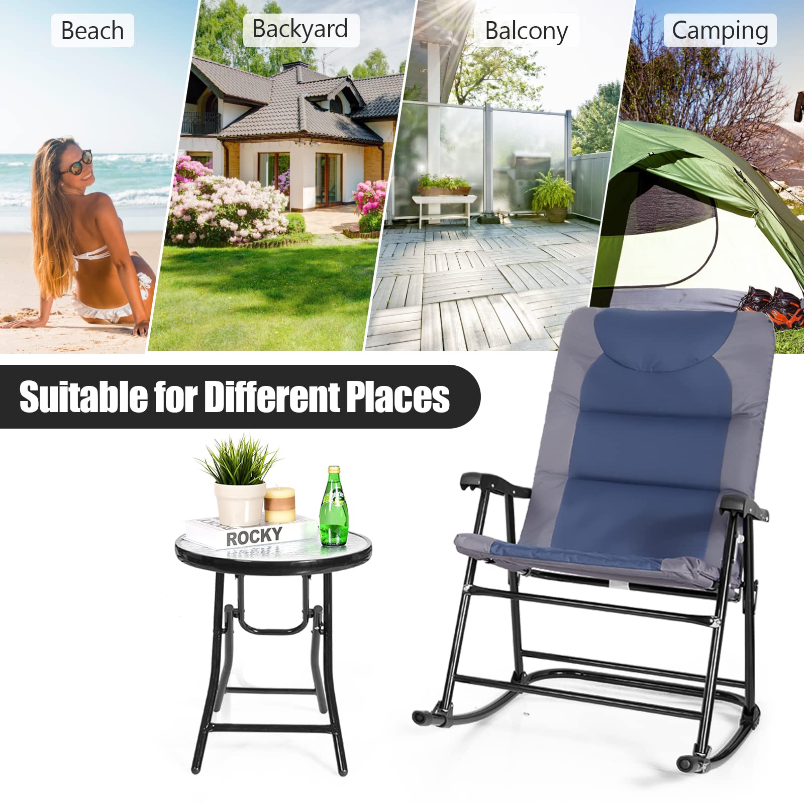 Tangkula 3-Piece Folding Bistro Set - Outdoor Rocking Chairs with Round Glass Top Table, Patio Furniture for Backyard, Garden, Poolside & Porch (Blue) | Perfect for Relaxing, Entertaining & Small Space Living