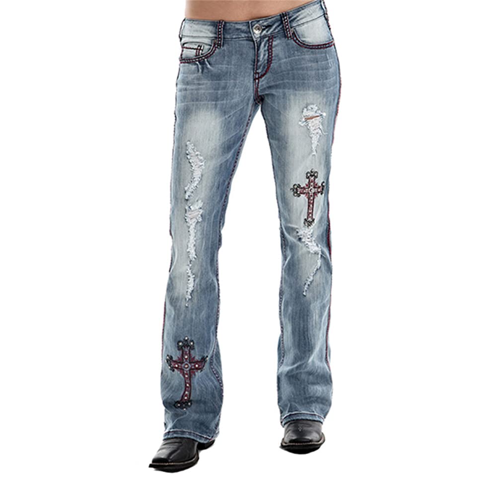 **Distressed Embroidered Cross Women's Bootcut Denim Jeans – Stylish Vintage Long Pants for Casual Outfits & Boho Fashion**