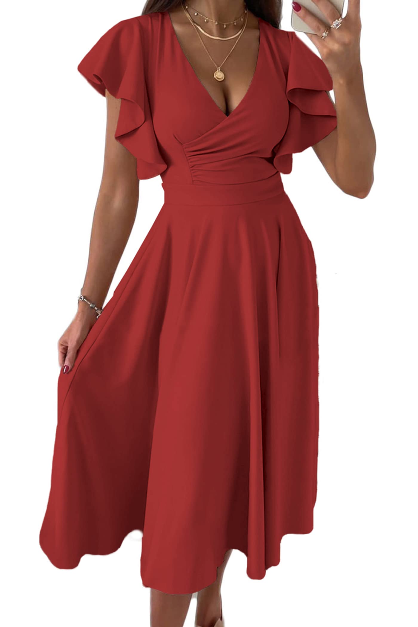 PRETTYGARDEN Women's Summer Midi Dress 2025 - Floral Print Ruffle Sleeve V-Neck A-Line Cocktail Dress for Wedding Guest, Party & Special Occasions | Perfect for Spring, Summer & Beach Vacations