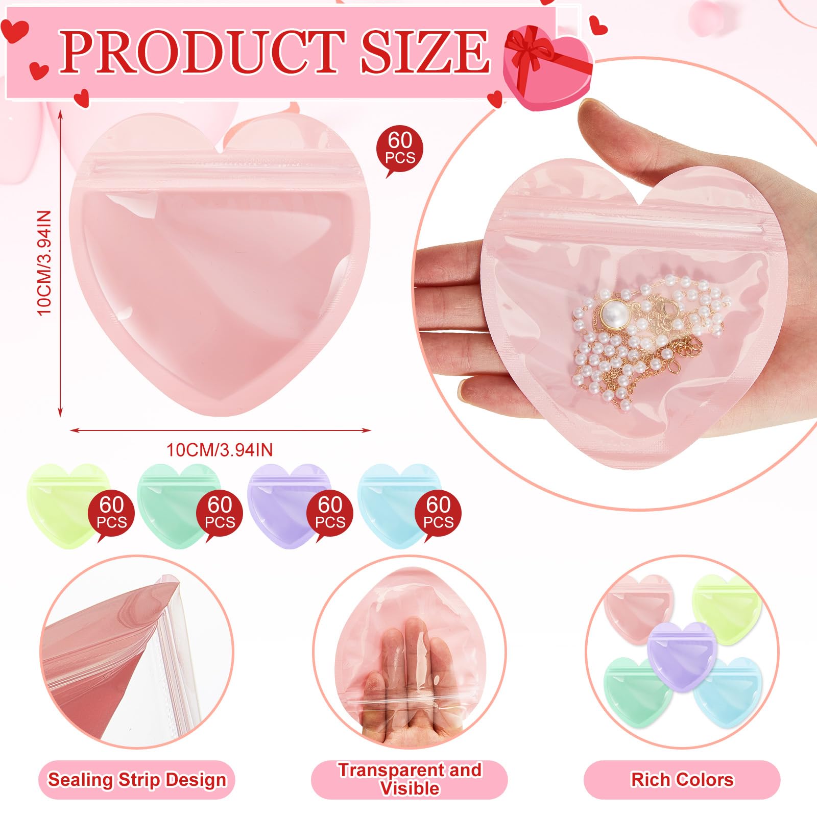 300 Pcs Heart-Shaped Jewelry Gift Bags - Small Clear Resealable Plastic Pouches for Rings, Earrings & Necklaces - Perfect for Wedding Favors, Birthday Party Gifts & Business Packaging Supplies