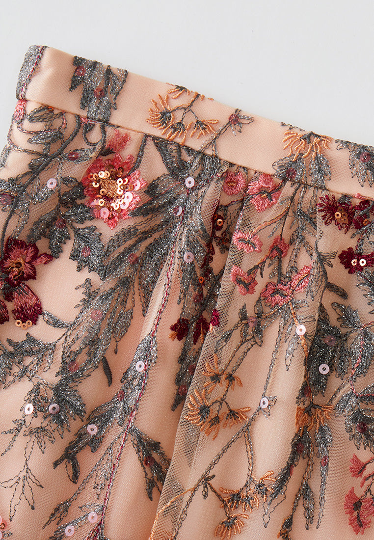 Fantasy Forest Embroidered Mesh Skirt for Women - Floral Lace Maxi Skirt Boho Style - Perfect for Festival, Party, and Photoshoot Outfits