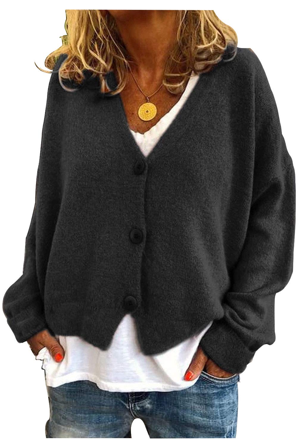 ASHER FASHION Women's Batwing Long Sleeve Button Down Knit Cardigan Sweater for Autumn Winter - Cozy Office Wear & Casual Outfit