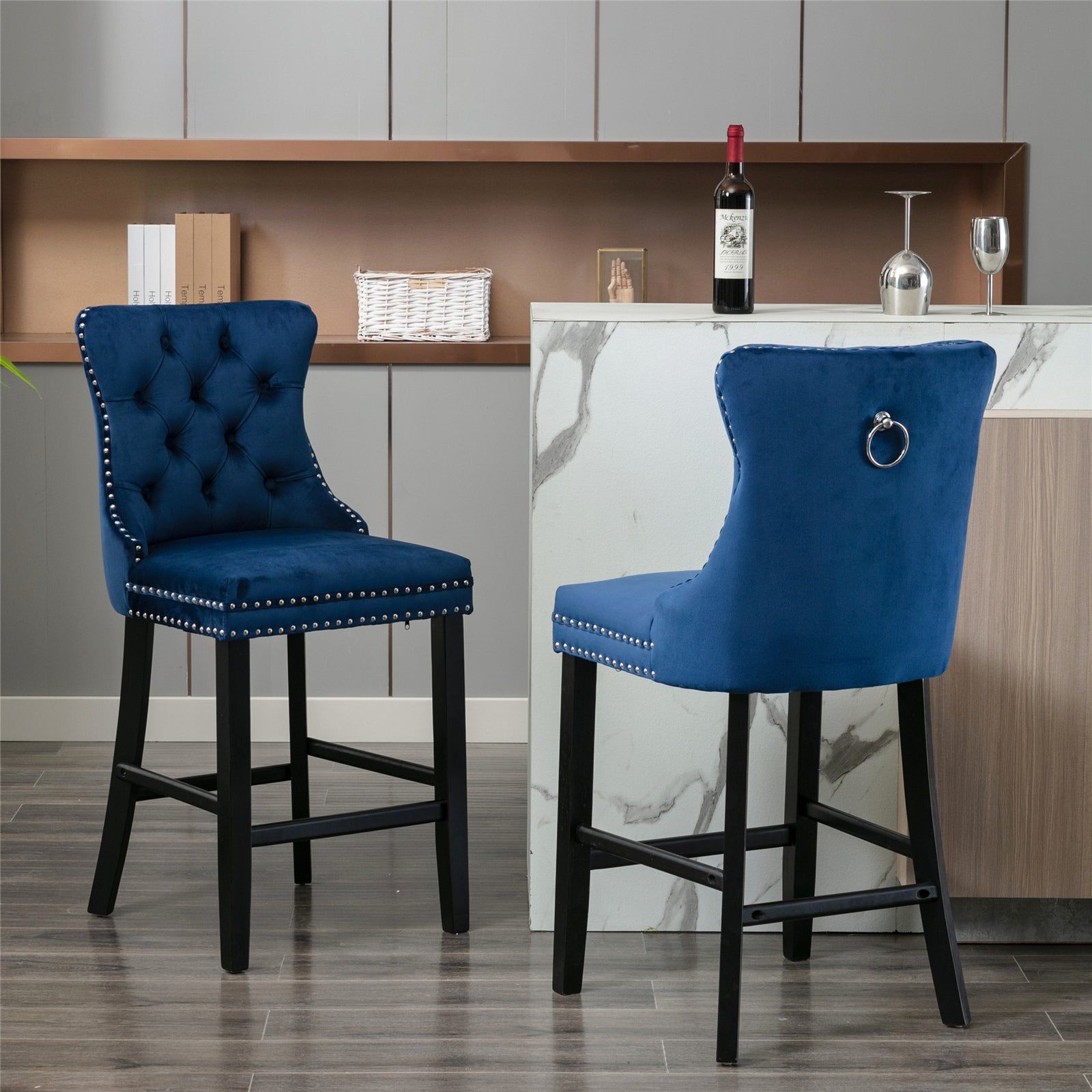 Velvet Bar Stools with Studs Trim & Wooden Legs - Set of 6 Tufted Dining Chairs for Kitchen Counter, Breakfast Nook & Home Bar Decor