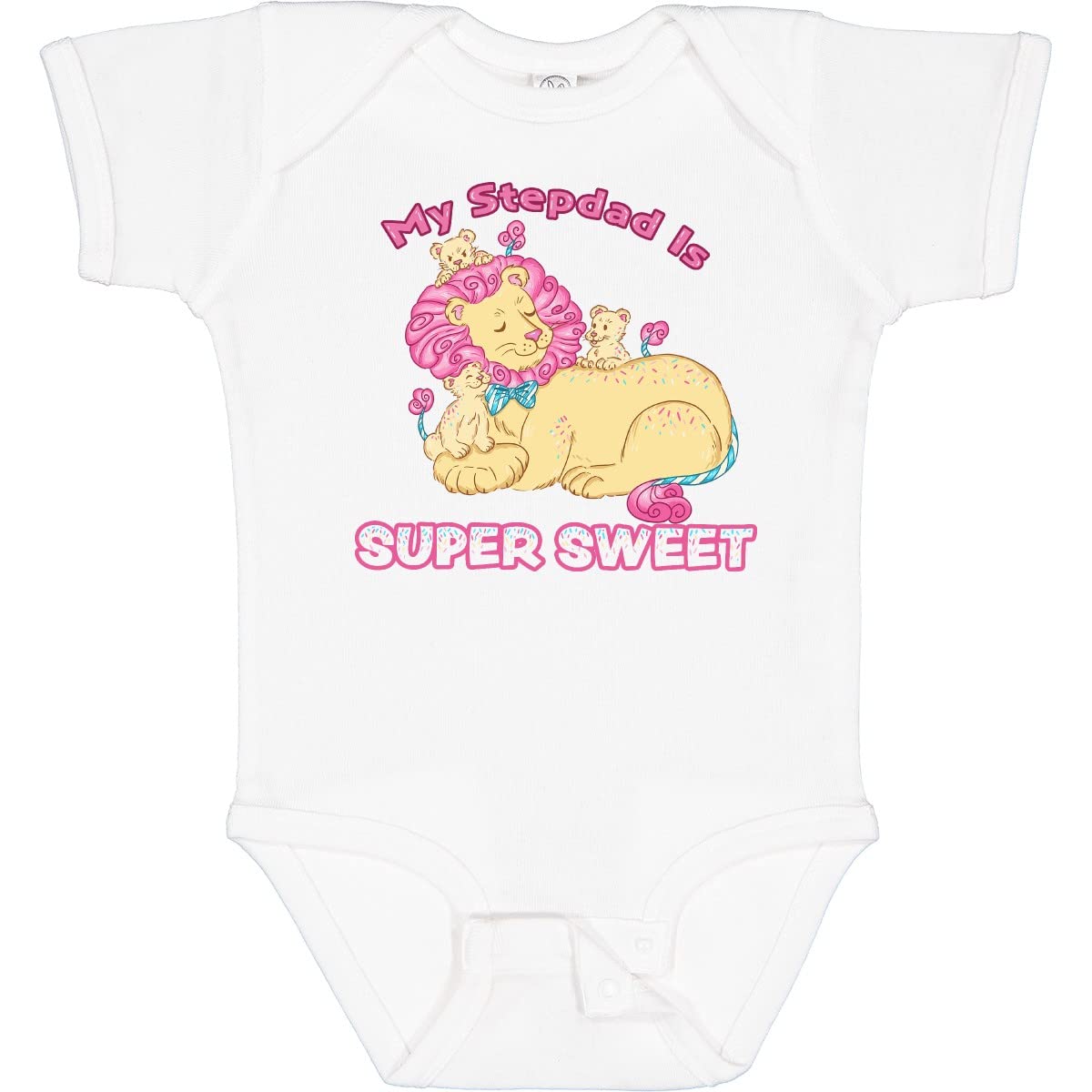 Inktastic My Stepdad is Super Sweet Cotton Candy Lions Baby Bodysuit - Cute Pink Outfit for Infants, Toddler Gifts, Family Photo Outfits & Special Occasions