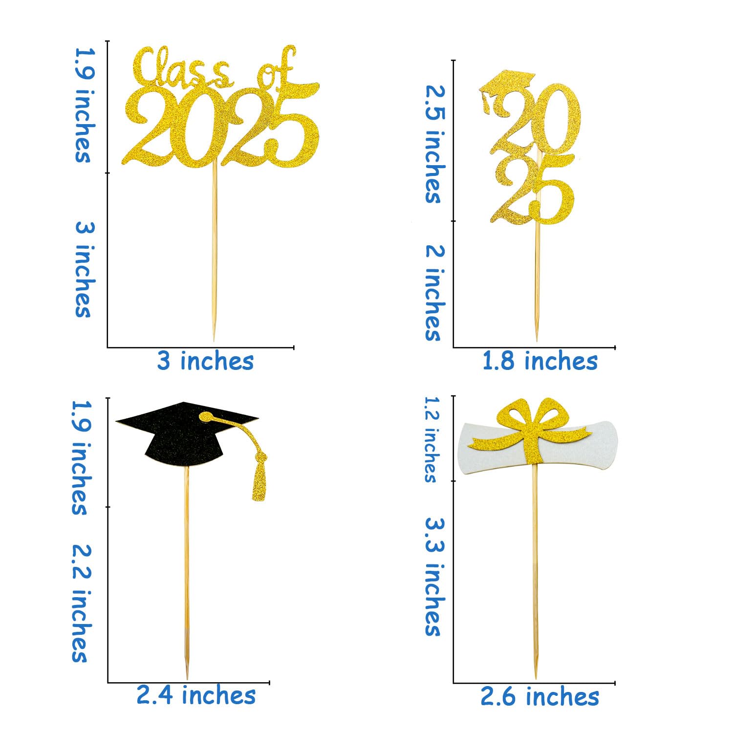 2025 Graduation Cupcake Toppers - 48pcs Glitter Gold & Black Grad Cap & Diploma Decorations for Graduation Party | Class of 2025 Dessert Toppers for Cakes, Cupcakes & Treats - Perfect for Graduation Ceremony, School Party & Celebration Decor