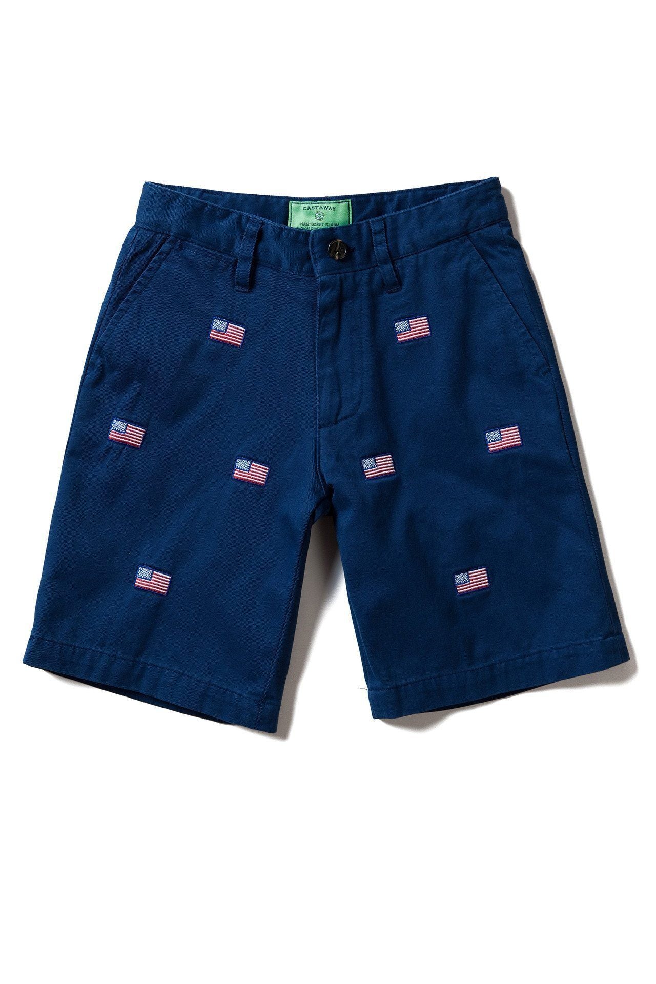 Jetties Stretch Twill Shorts for Men - Nantucket Navy with American Flag - Comfortable Casual Wear for Summer, Beach, and Outdoor Activities