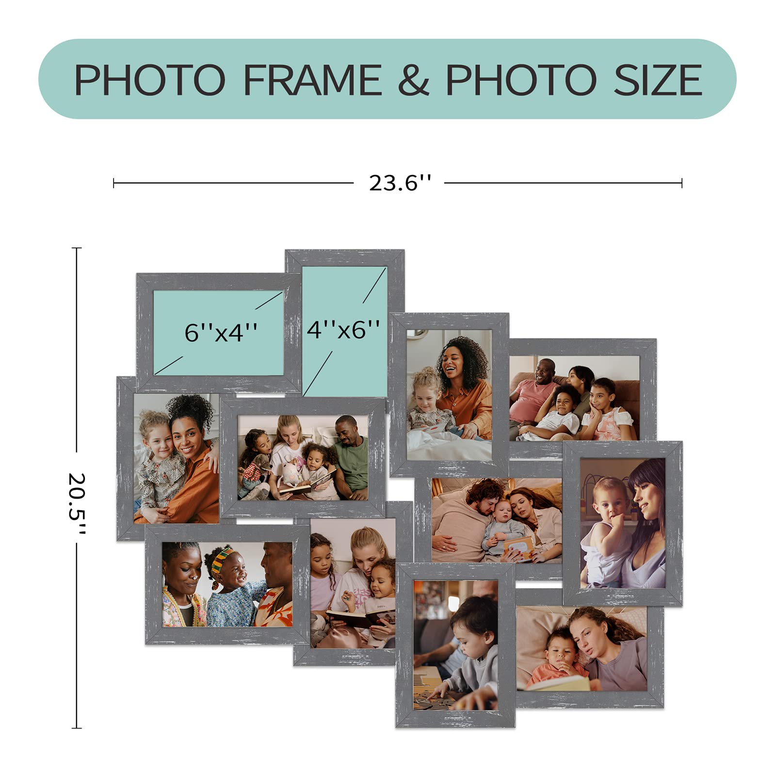 HELLO LAURA - 12 Opening 4x6 Collage Picture Frames for Wall Display | Grey Photo Frames Collage Wall Decor for Home, Living Room & Bedroom | Perfect for Family Photos, Wedding Memories & Home Decoration