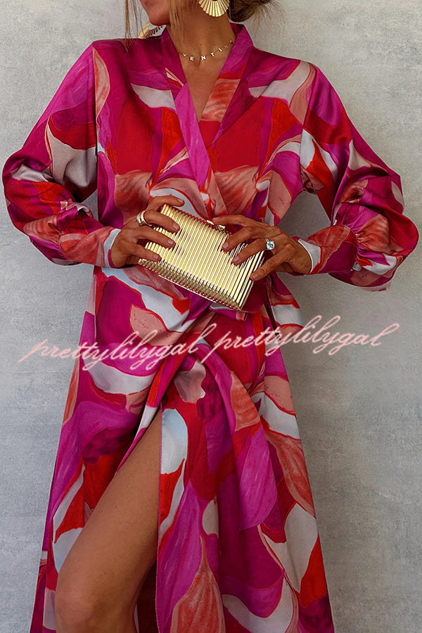 Stylish Printed Long Sleeve V-Neck Tie-Waist Slit Maxi Dress for Women | Boho Chic Flowy Summer Beach Dress | Perfect for Vacations, Parties & Date Nights