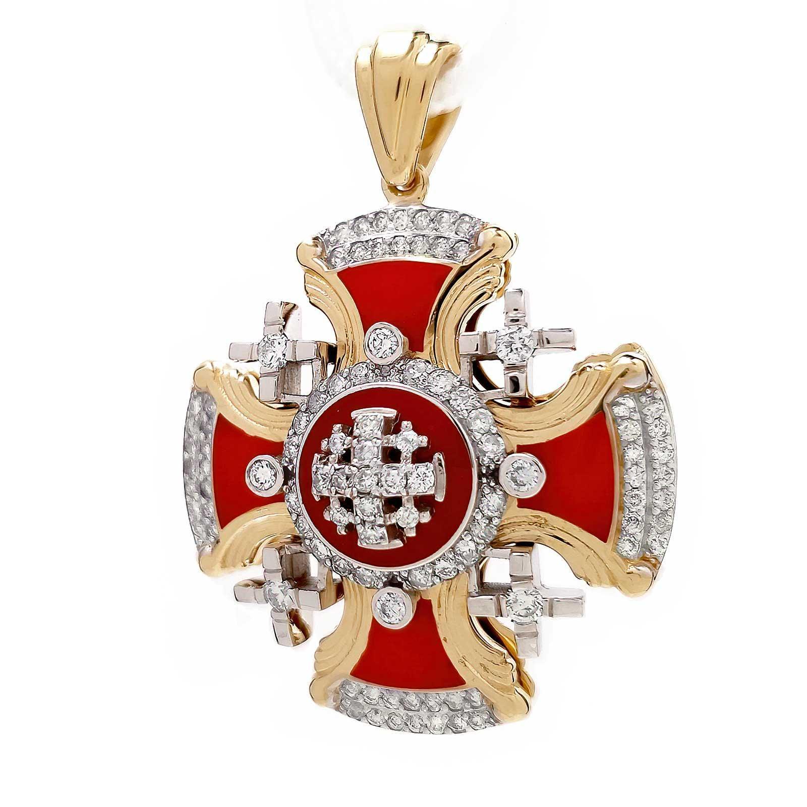 14K Gold Vintage Jerusalem Cross Pendant with Red Enamel & Diamond Accents - Religious Jewelry for Men & Women, Perfect for Gifts, Weddings & Faith-Based Occasions