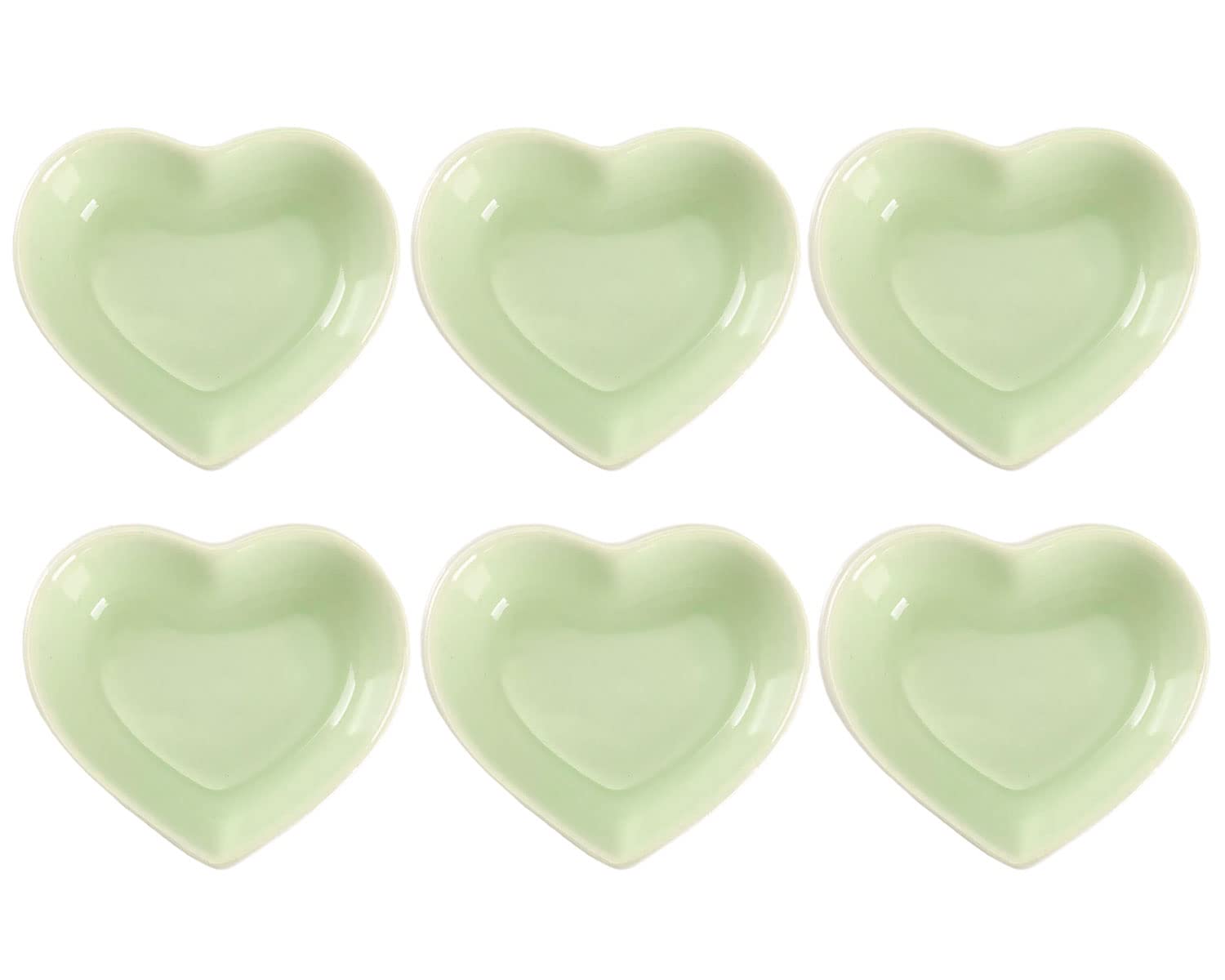 WHJY Green Love Heart Shaped Ceramic Side Dish Bowl Set of 6 - Contemporary Porcelain Appetizer Plates for Soy Sauce, Dipping & Seasoning - Perfect for Wedding, Birthday Party & Romantic Dinner Table Setting