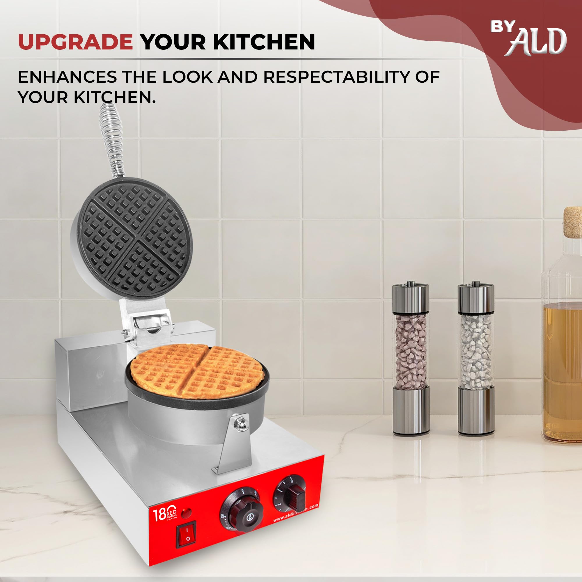 ALDKitchen Belgian Waffle Maker - Thick Waffle Iron with Nonstick Coating & Red Panel - 110V Commercial Waffle Machine for Restaurants, Cafes & Home Breakfast (Non-Rotating)