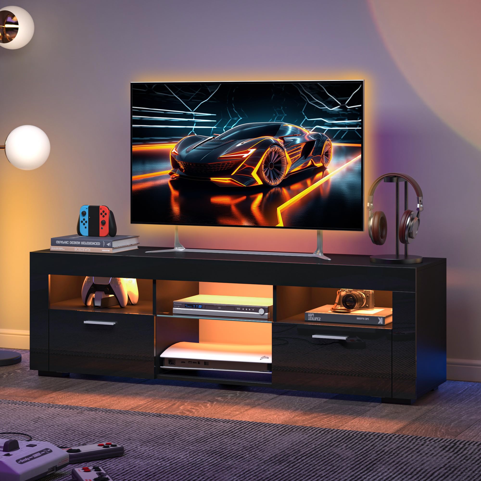 55 Inch TV Stand with High-Gloss Finish - Modern Entertainment Center for 55