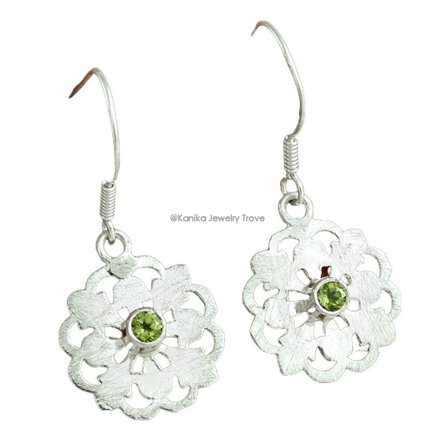 925 Sterling Silver Peridot Dangle Earrings for Women - Floral Design Hook Earrings for Party, Wedding & Everyday Wear