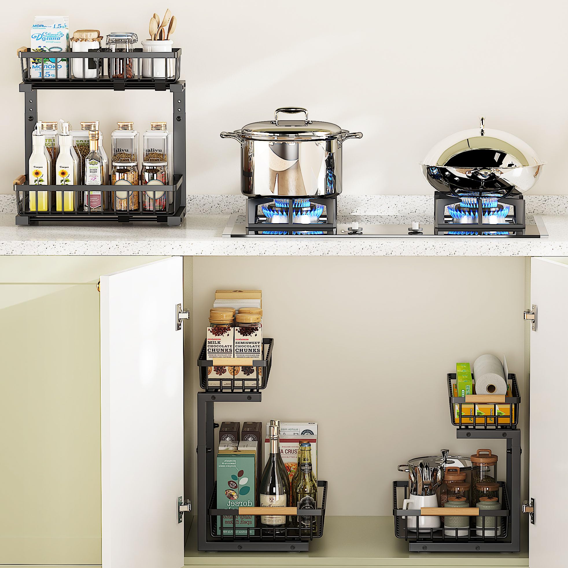2 Pack Under Sink Organizer - 2 Tier Adjustable Metal Sliding Drawer for Kitchen, Bathroom & Pantry | Space Saving Cabinet Storage Solution | Perfect for Sponges, Cleaners & Toiletries Organization (Black)