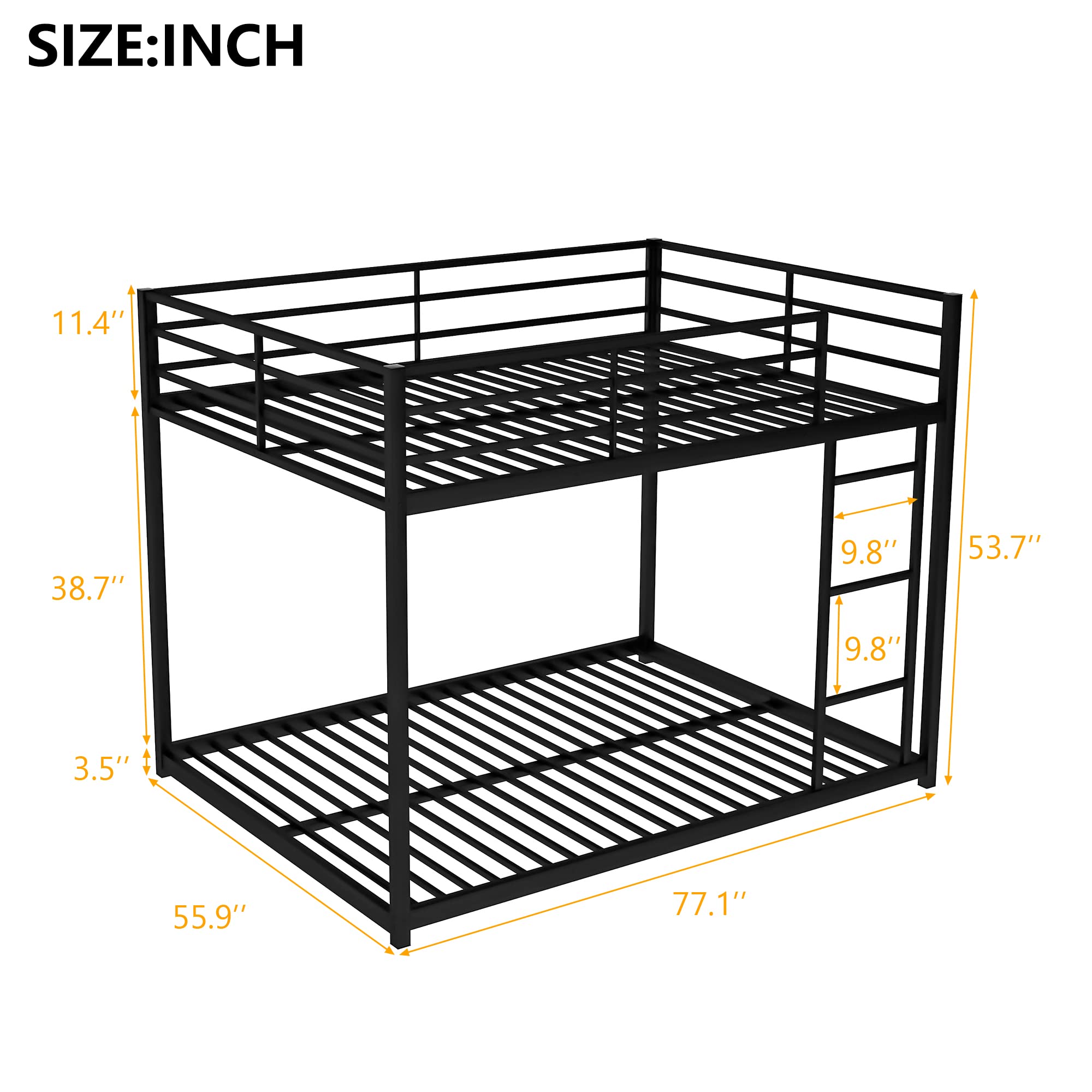 BOVZA Full Over Full Metal Bunk Bed with Built-in Ladder, Low Profile Floor Bunk Bed Frame for Kids & Teens - Black | Space-Saving Bedroom Solution for Siblings, Sleepovers & Small Rooms