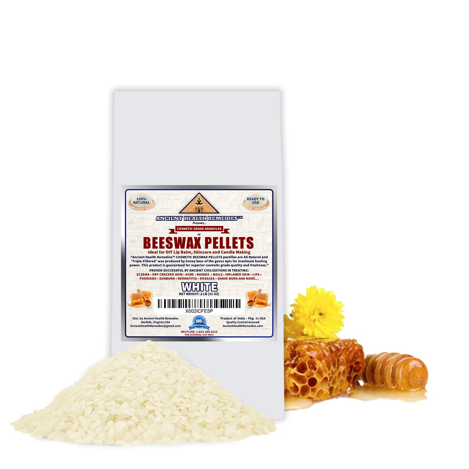 Premium Cosmetic Grade A Beeswax Pellets - 100% Natural, Triple Filtered - Perfect for DIY Lip Balm, Skincare, Candle Making & Soap Crafting (2 LB, White) | Ideal for Homemade Beauty Products & Artisan Crafts