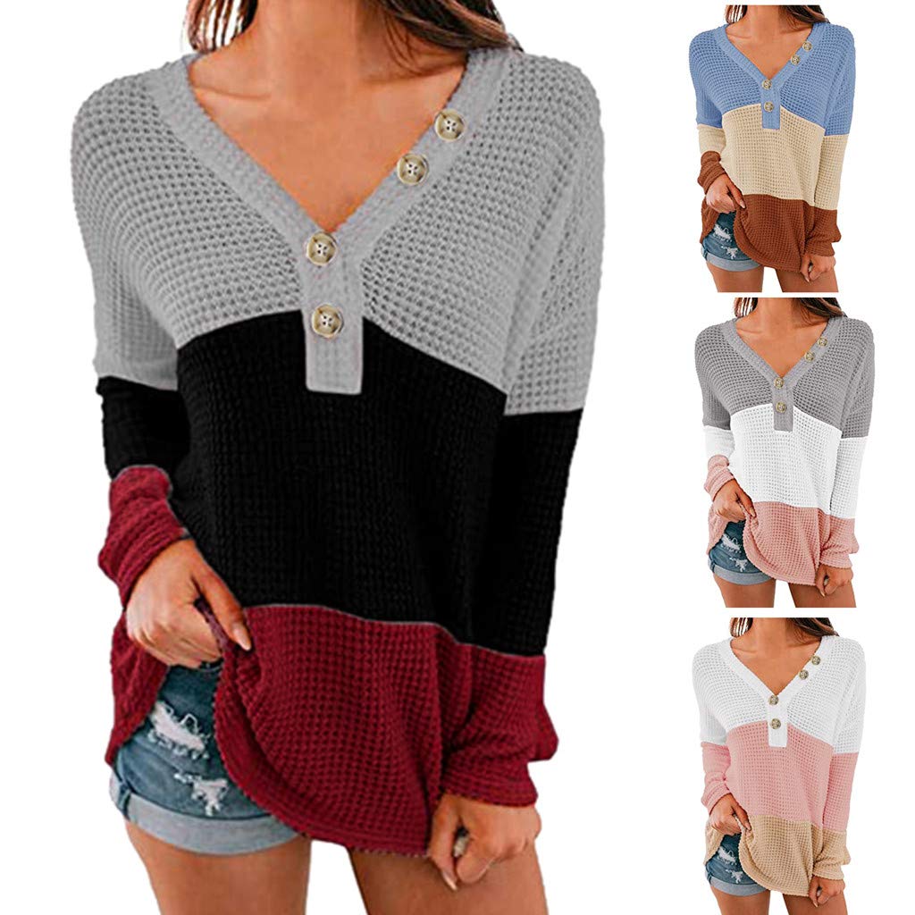 Women's Button-Up V-Neck Knit Sweater - Long Sleeve Waffle Knit Loose Fit Pullover Top for Casual Wear, Office & Fall Outfits