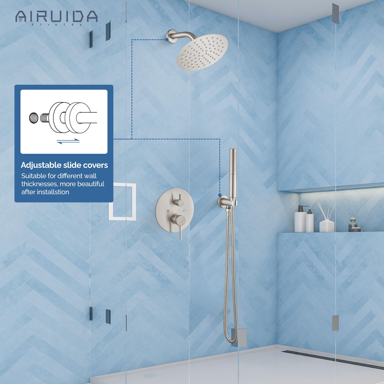 Airuida 2-Function Wall Mount Shower System - High Pressure Brass Handheld Shower with 8 Inch Rainfall Shower Head & Rough-in Valve in Brushed Nickel Finish | Perfect for Bathroom Renovation & Spa-Like Shower Experience