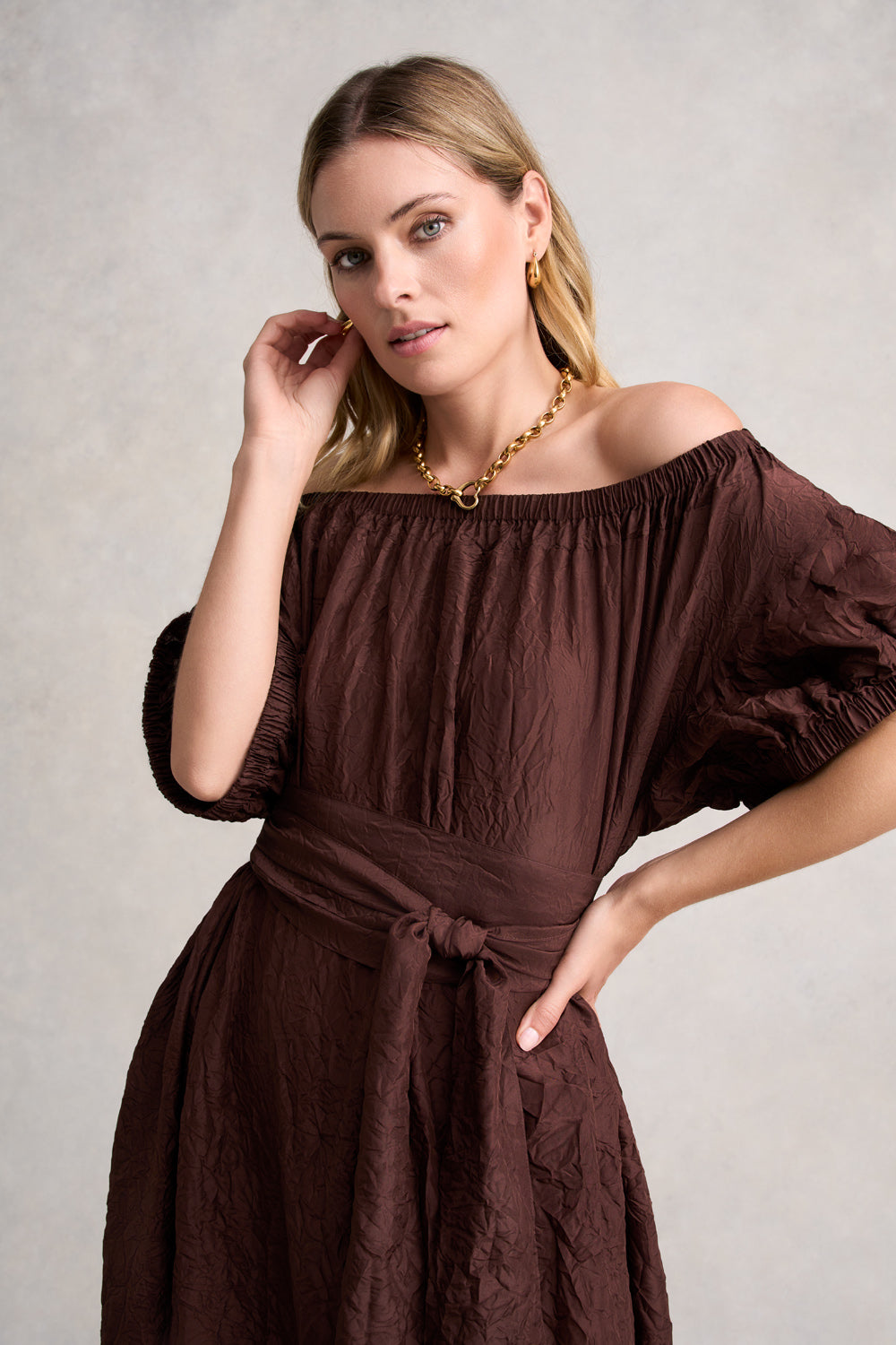 Elegant Crushed Silk Dress in Chocolate Brown - Perfect for Evening Parties, Weddings & Special Occasions