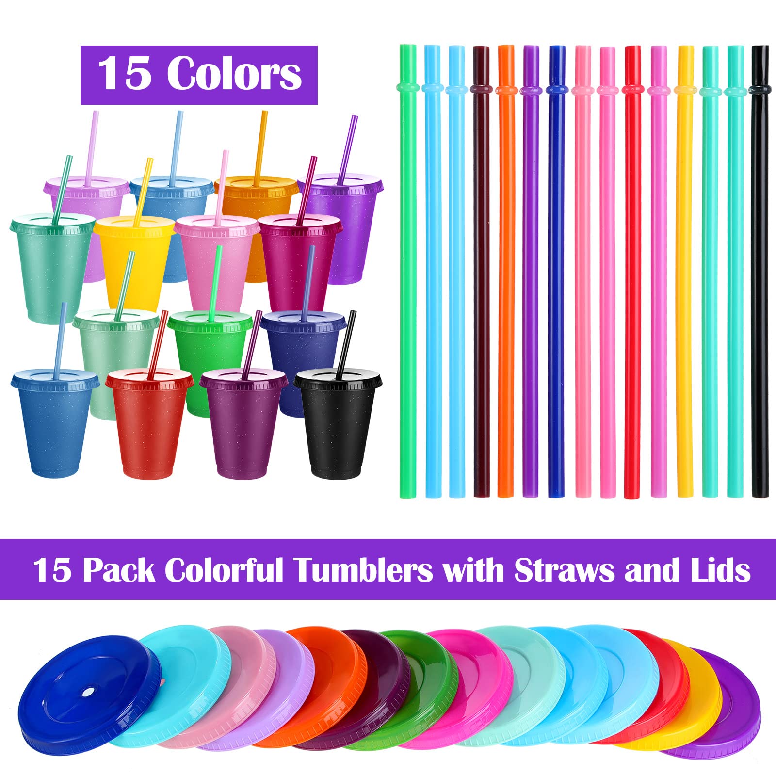 16oz Reusable Plastic Tumbler Cups with Lids & Straws - 15 Pack Cute Color Kids Water Bottles for Travel, Iced Coffee, Parties & Daily Use - BPA-Free Spill-Proof Drinkware for Adults & Children