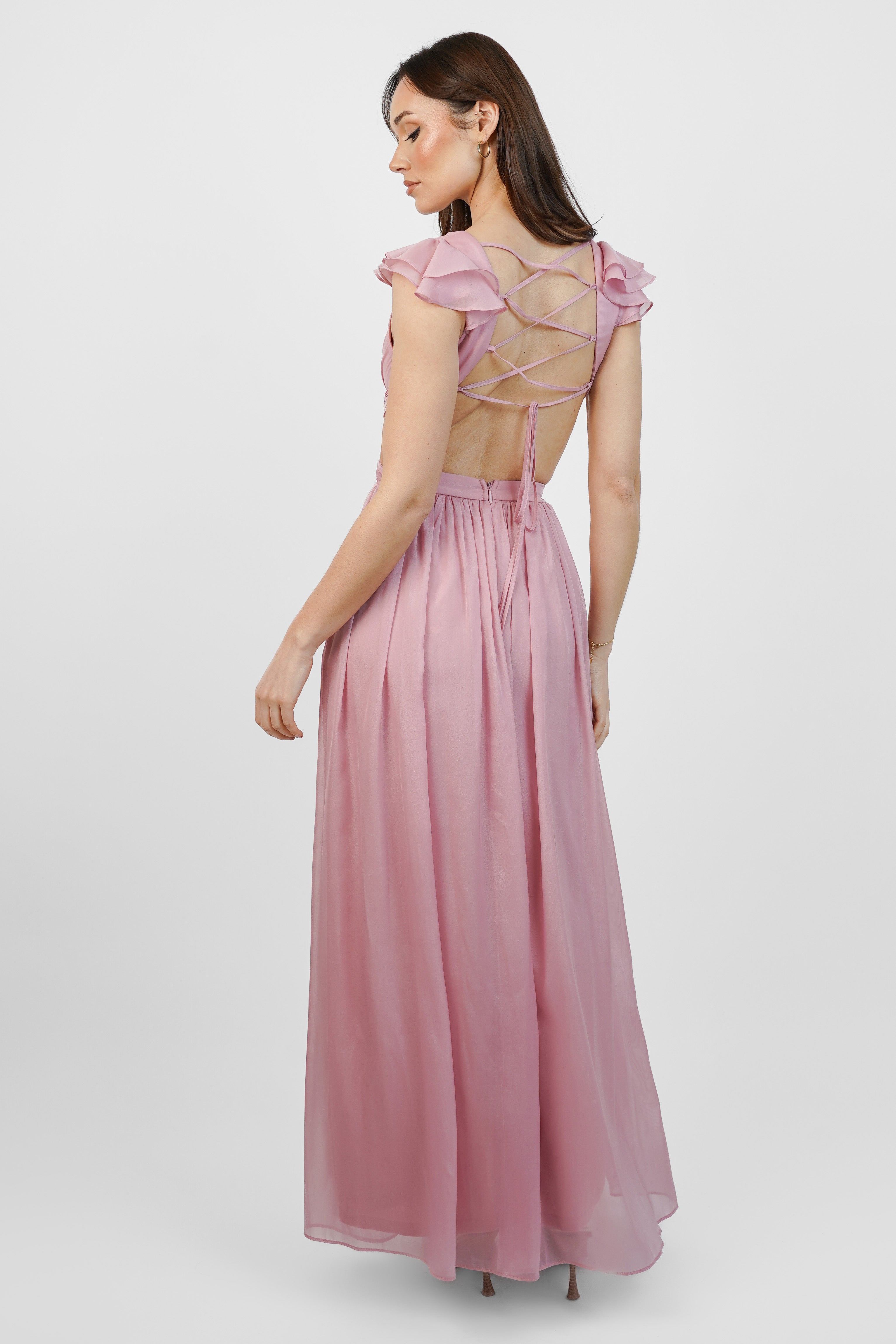 Adeline Metallic Chiffon Maxi Dress in Baby Pink - Elegant Formal Evening Gown for Weddings, Prom & Special Occasions