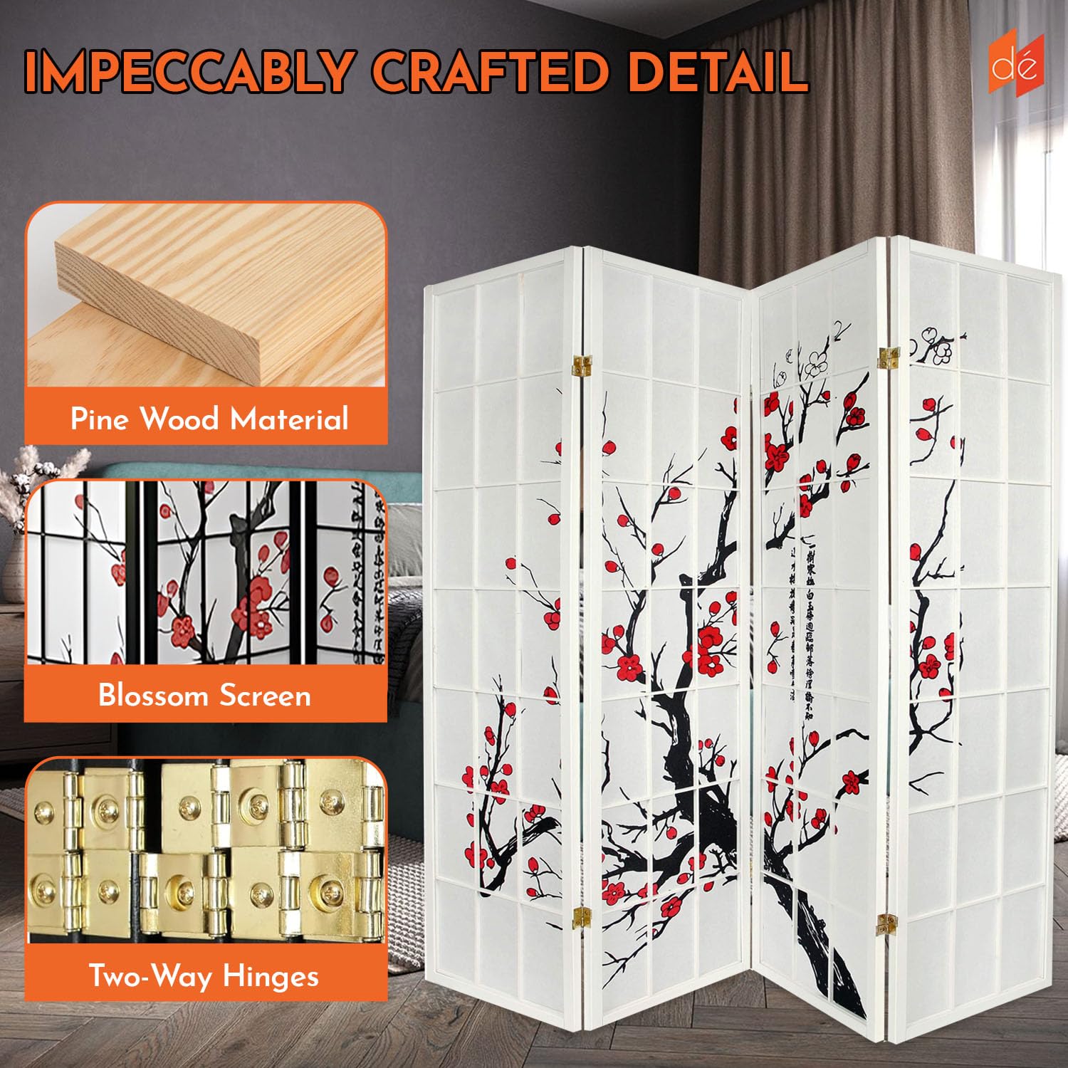 Legacy Decor 4-Panel Blossom Screen - Portable Foldable Shoji Style Room Divider with Plum Blossom Design - Freestanding Privacy Screen for Home Office & Studio - White Temporary Wall Partition - Perfect for Creating Private Spaces, Room Separation & Decoration
