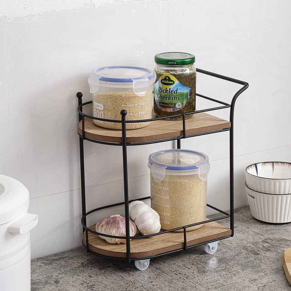 Two-Tier Matte Black Metal Wire and Wood Coffee Bar Cart - Mini Rolling Utility Cart with Tiered Tray - Coffee Bar Organizer, Kitchen Shelf, Farmhouse Decor - Perfect for Small Spaces, Home Office, and Entertaining Guests
