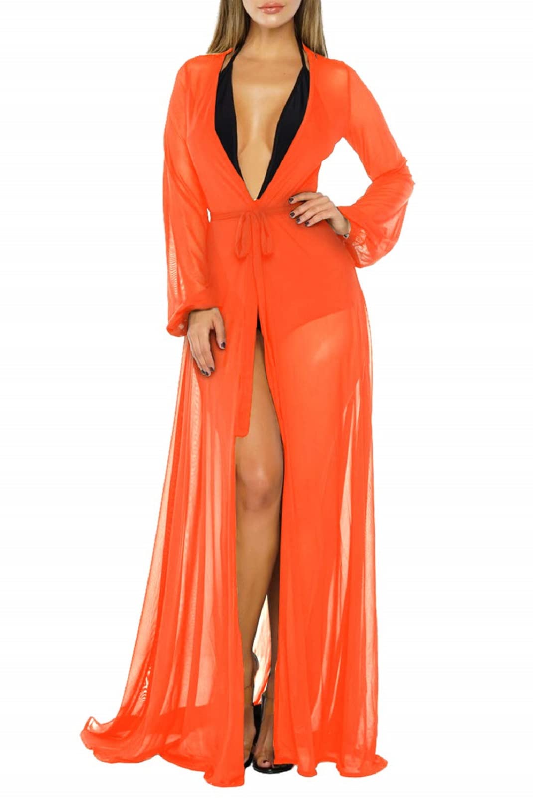 Sexy Mesh Long Sleeve Swim Cover Up Dress for Women - Tie Front Beach Maxi Dress - Perfect for Poolside, Beach Vacation & Summer Outings