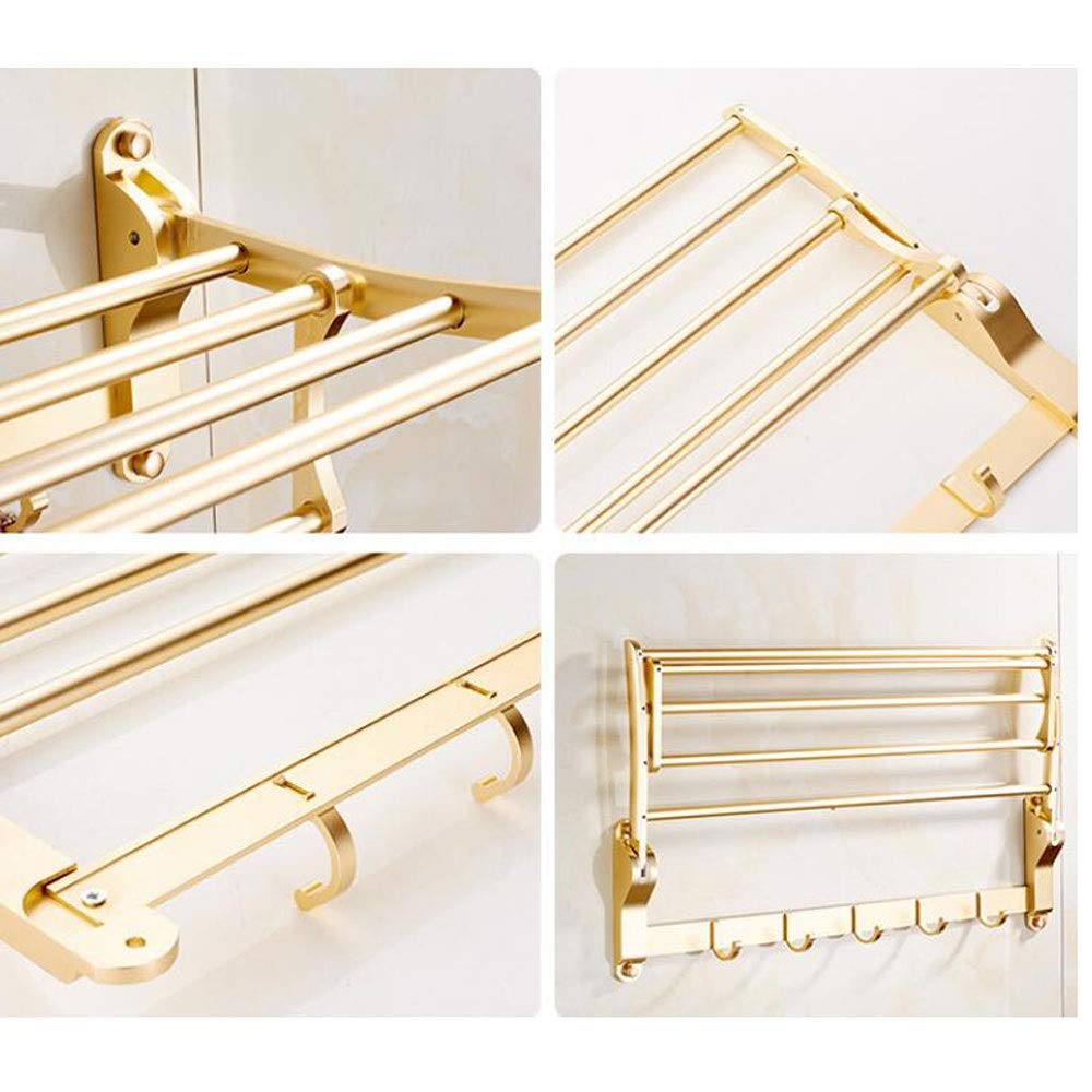 Multi-Function Bathroom Shelf - Space-Saving Aluminum Shower Towel Holder with 4 Hooks, Wall Mounted Double Layer Foldable Rustproof Shelves for Bathroom & Hotel (Gold) - Perfect for Small Spaces, Apartment Living & Luxury Hotel Bathrooms