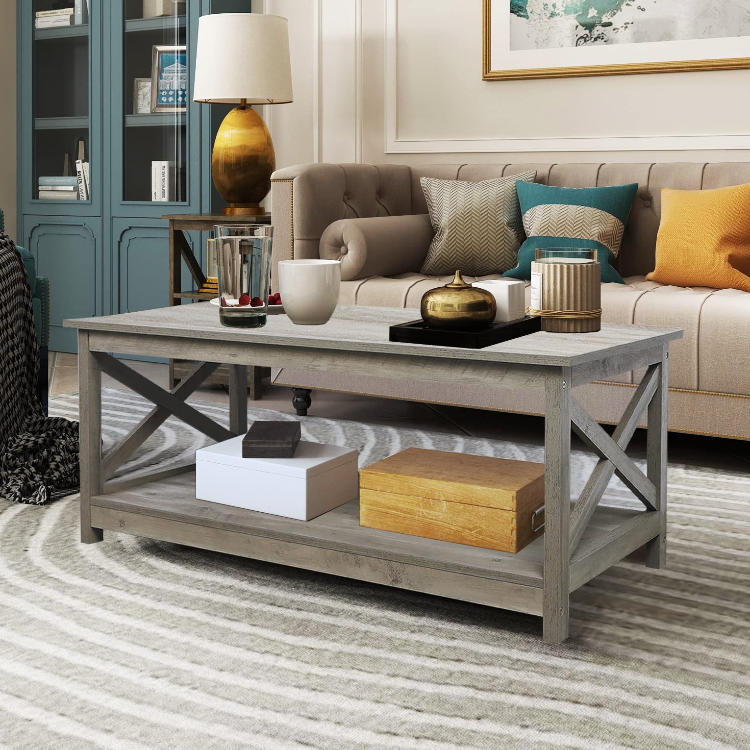 Rainbow Sophia Coffee Table - 40 Inch Modern Farmhouse Wood Coffee Table with 2-Tier Storage Shelf, Washed Oak Finish - Perfect for Living Room, Lounge & Home Decor