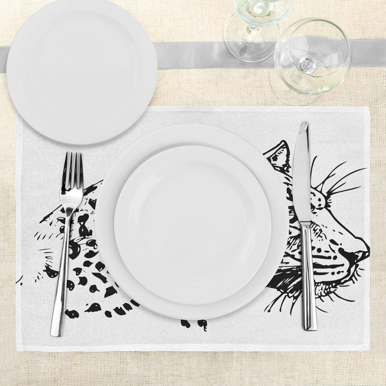 Ambesonne 4-Piece Sketchy Place Mats Set - Hand Drawn Jaguar Wildlife Jungle Animal Savannah Theme Art Print - Washable Fabric Dining Table Placemats (Standard Size, Black & White) - Perfect for Dinner Parties, Wildlife Theme Decor & Home Entertaining