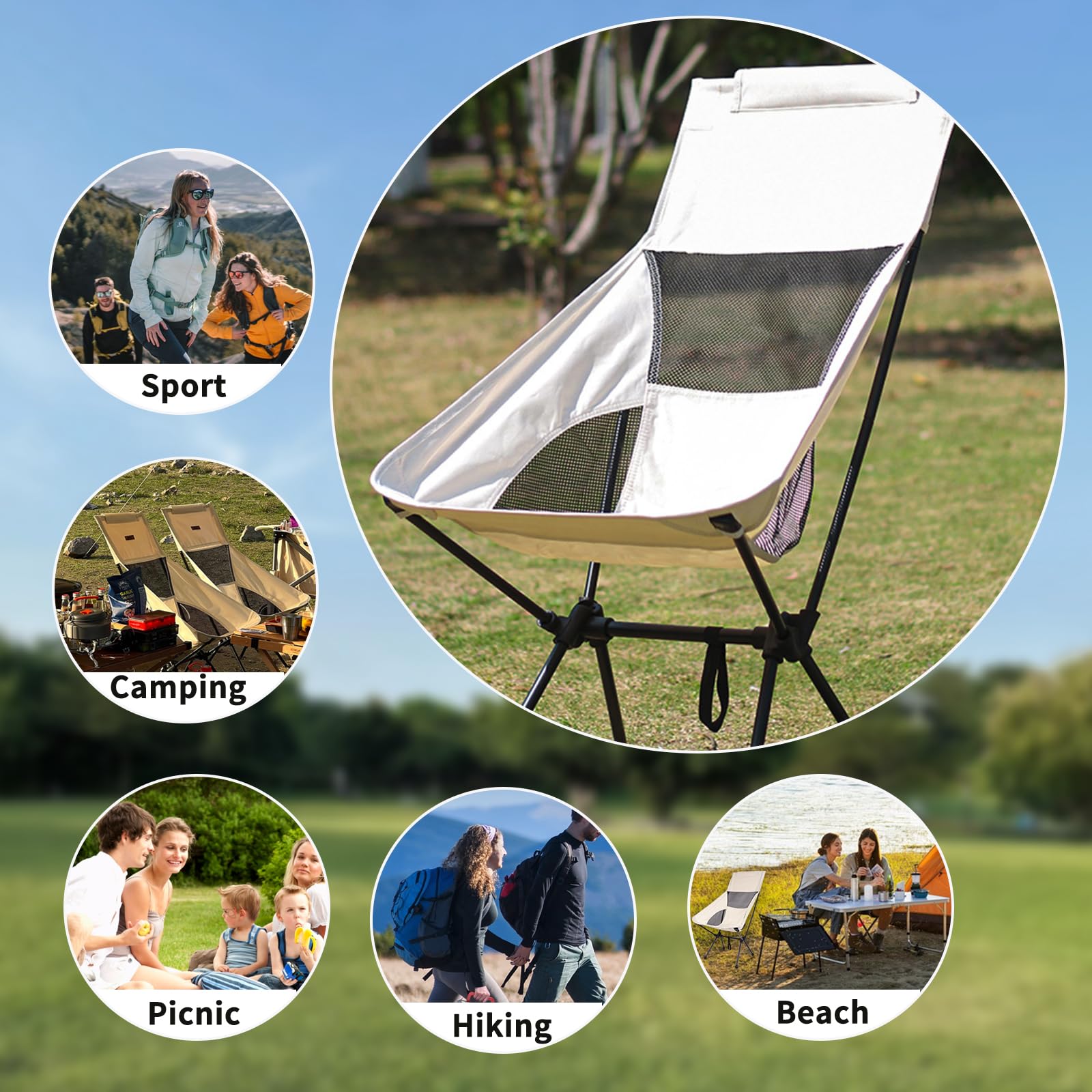 Ultralight High-Back Camping Chair - Portable Folding Backpacking Chair with Cup Holder & Storage Pouch, Supports 300 lbs - Compact Durable Outdoor Chair for Hiking, Camping, Beach, Picnic, Backyard, Fishing & Reading - White