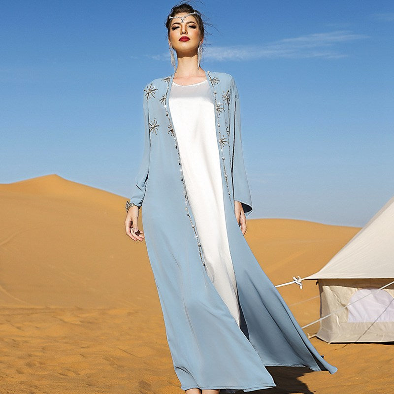 Elegant Arab Hand-Stitched Rhinestone Open Cardigan Abaya Dress for Women | Luxury Embroidered Islamic Prayer Dress | Perfect for Weddings, Eid, and Special Occasions