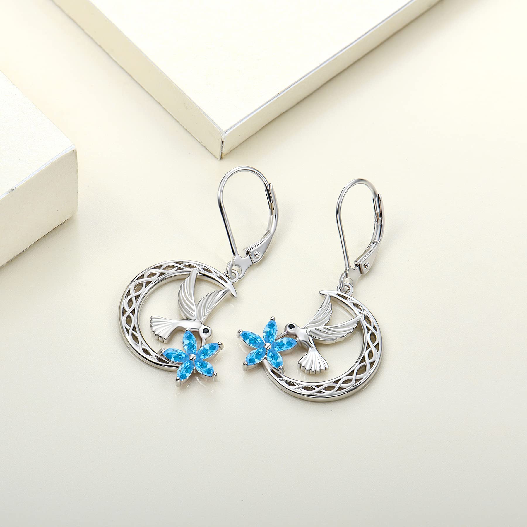 Sterling Silver Celtic Moon Flower Hummingbird Dangle Earrings with Birthstone - Leverback Drop Jewelry for Women - Perfect for Weddings, Parties & Everyday Wear