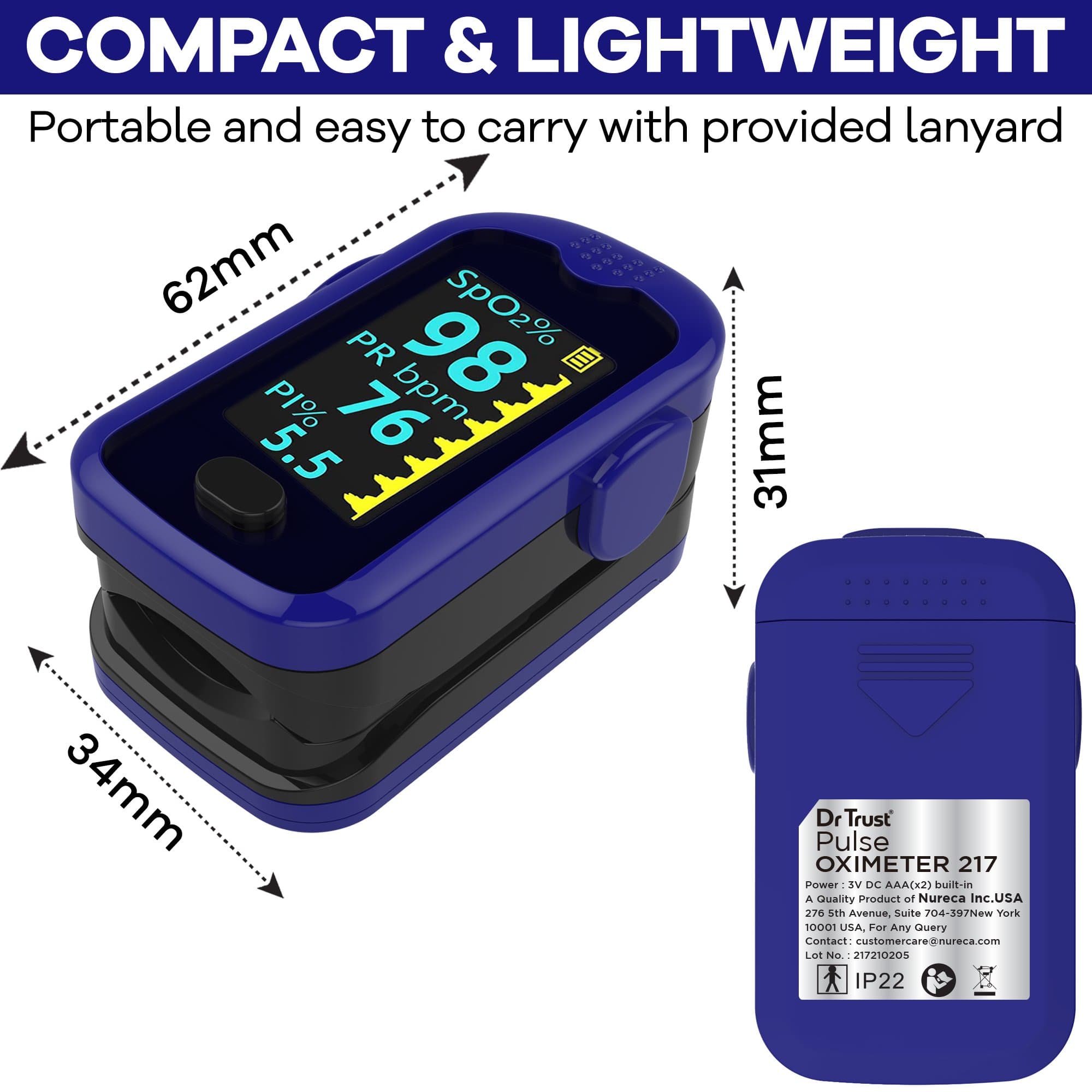 Dr Trust USA Pulse Oximeter 217 (Blue) - Fingertip Oxygen Monitor for Blood Oxygen & Heart Rate - Perfect for Home Use, Travel, and Sports Activities